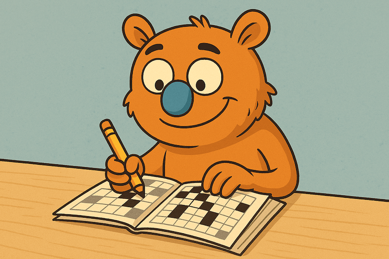 Bild på vår maskot Bosse här på Synonymer.org, som löser ett korsord med hjälp av vår korsordshjälp.