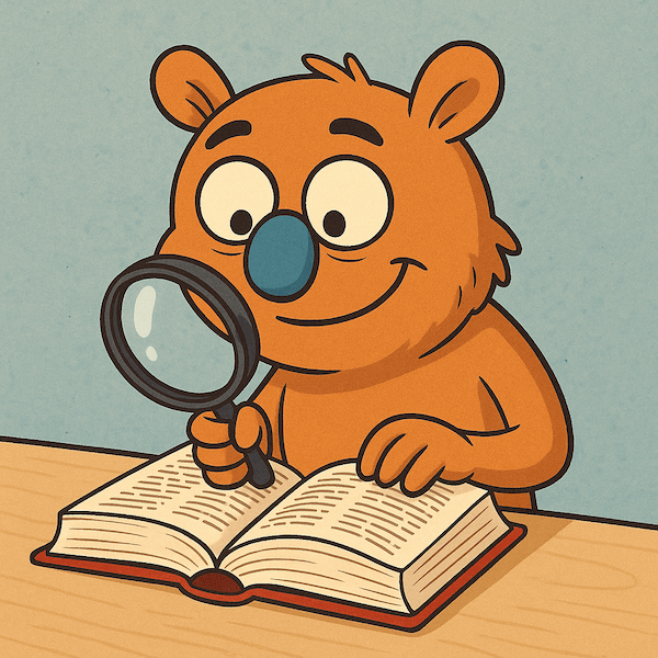 Bild på vår maskot Bosse här på Synonymer.org, som slår upp synonymer i vår synonymordbok med hjälp av ett förstoringsglas.